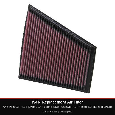 K&N Replacement Air Filter - VW Polo GTI 1.8T (9N); SEAT Leon / Ibiza / Octavia 1.8T / Ibiza 1.9 TDI and others