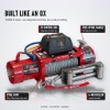 OX 13500 lb 12V Electric Winch V2, Red Body, Steel Cable - features: V2 control box, free-spool handle, steel rope, 4-way roller fairlead
