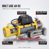 OX 13500 lb 12V Electric Winch V2, Yellow Body, Steel Cable - features: V2 control box, free-spool handle, steel rope, 4-way roller fairlead