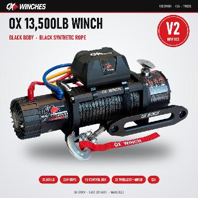 OX Winches 13500lb V2 12v Recovery Winch - Black Body, Black Synthetic Rope