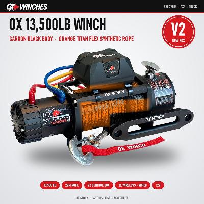 OX Winches 13500lb V2 12v Recovery Winch - Carbon Black Body, Orange Titan Flex Synthetic Rope
