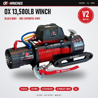 OX Winches 13500lb V2 12v Recovery Winch - Black Body, Red Synthetic Rope