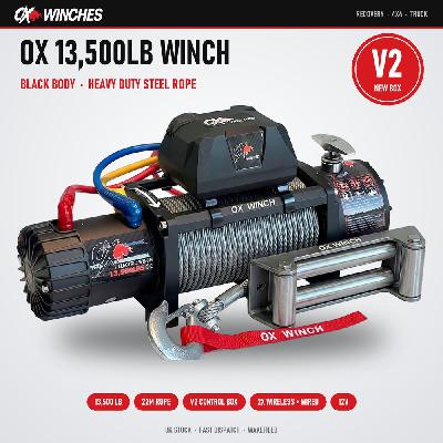 OX Winches 13500lb V2 12v Recovery Winch - Black Body, Steel Rope