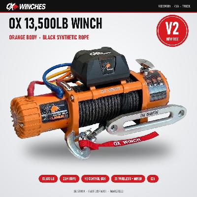 OX Winches 13500lb V2 12v Recovery Winch - Orange Body, Black Synthetic Rope