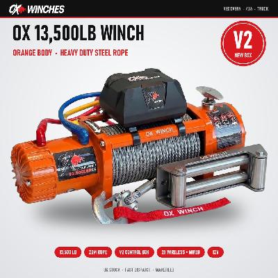 OX Winches 13500lb V2 12v Recovery Winch - Orange Body, Steel Rope