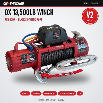 OX Winches 13500lb V2 12v Recovery Winch - Red Body, Black Synthetic Rope