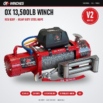 OX Winches 13500lb V2 12v Recovery Winch - Red Body, Steel Rope