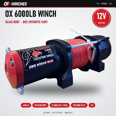 OX Winches 6000lb 12v Electric Winch - Black Body, Red Synthetic Rope