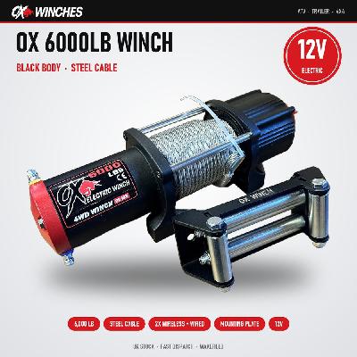 OX Winches 6000lb 12v Electric Winch - Black Body, Steel Cable