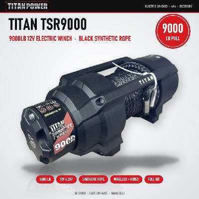 Titan Power TSR-9000 9000lb 12v Electric Winch - Black Body, Black Synthetic Rope