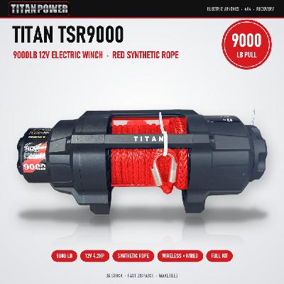 Titan Power TSR-9000 9000lb 12v Electric Winch - Black Body, Red Synthetic Rope